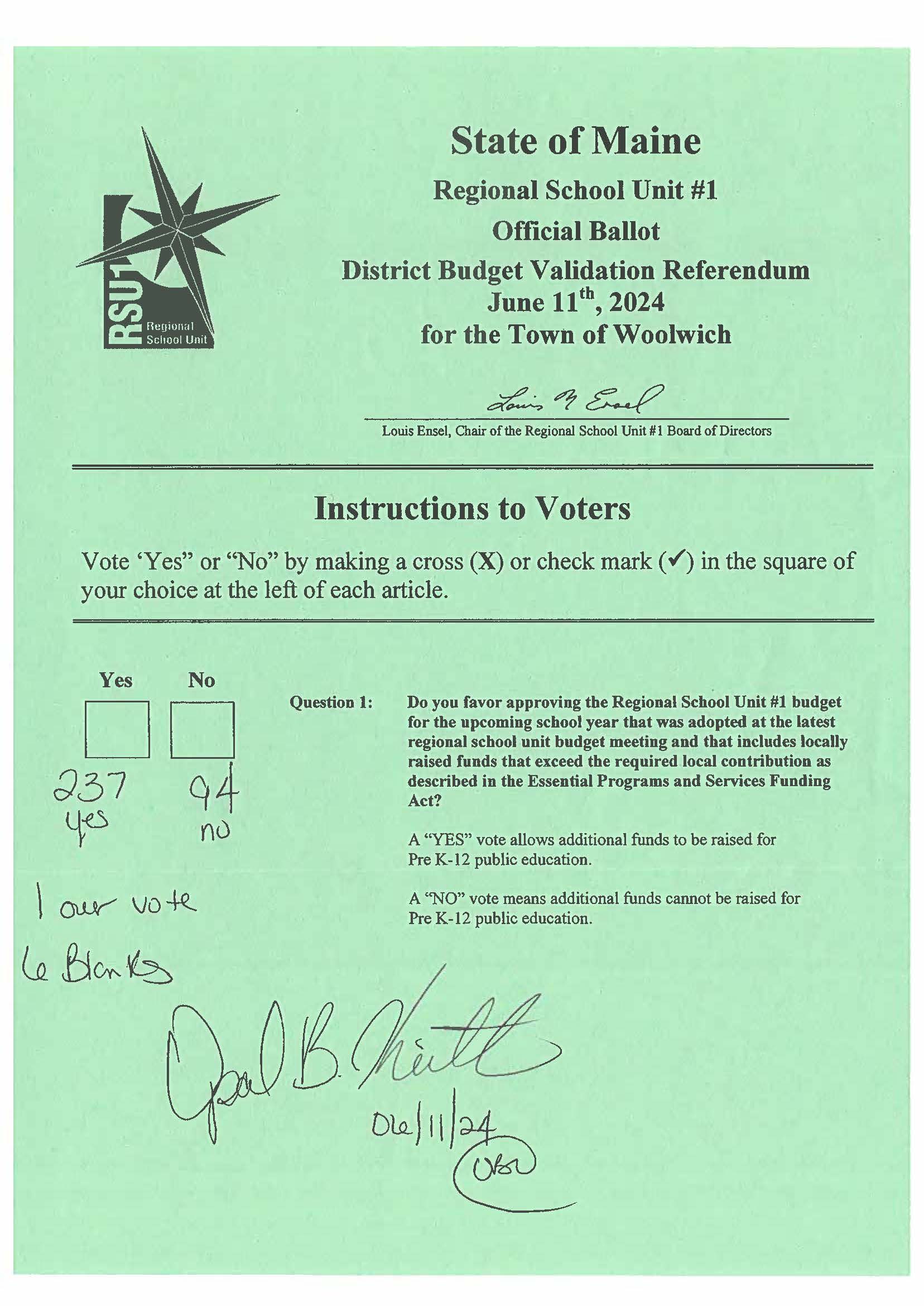 Election Results RSU1 June Election Town of Woolwich